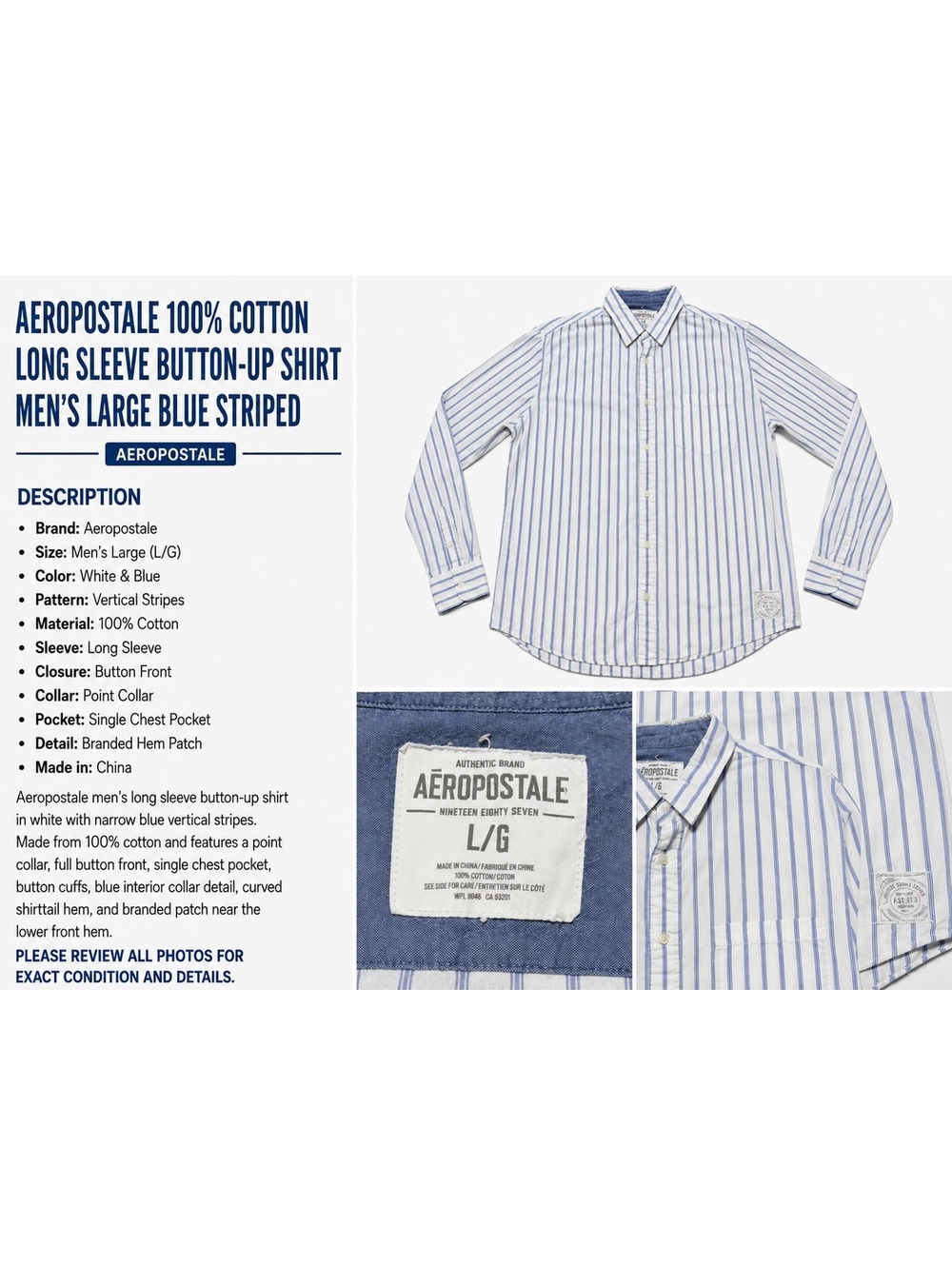 Aeropostale Mens L Blue White Striped 100% Cotton Long Sleeve Button Up Shirt